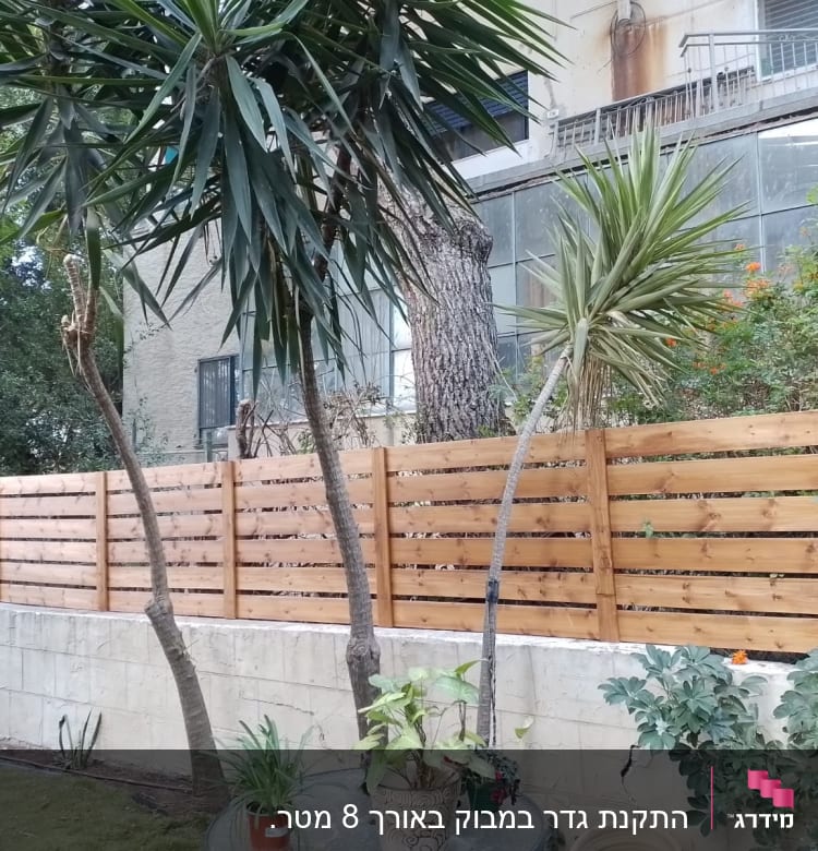גדר עץ חומה בגינה עם צמחים מסביב